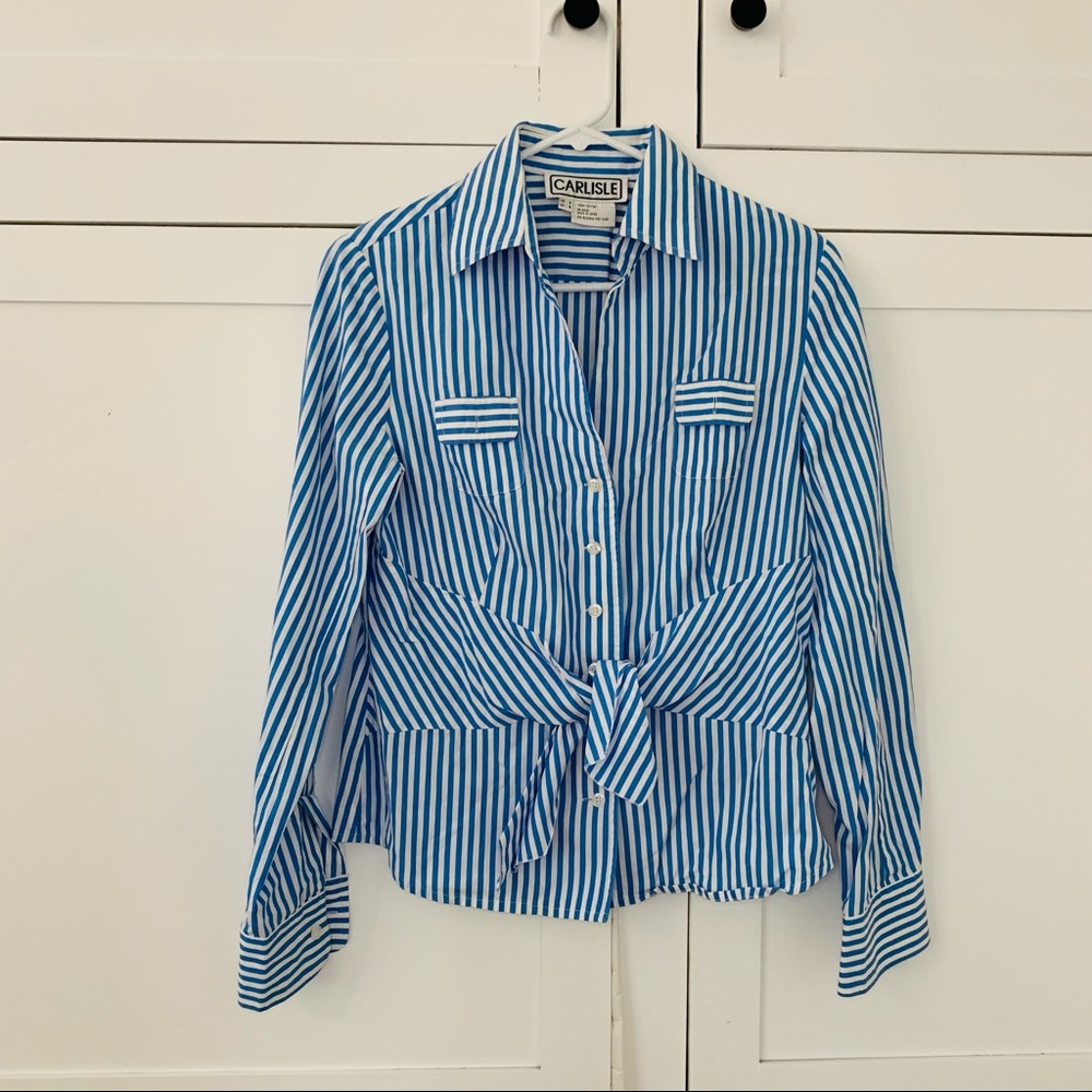 Carlisle Blue/White Stripe Button Up Front Tie Shirt Size 4